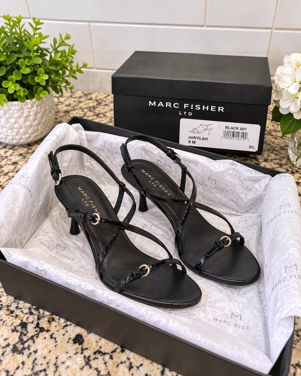 Marc Fisher LTD Nylah Black Patent Strappy Slingback Kitten Heel Sandals Size 8